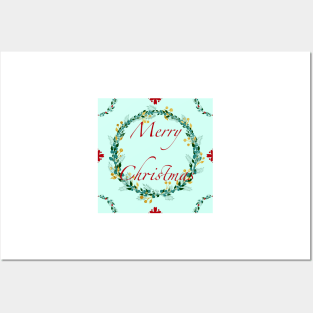 Gold and Red Berry Merry Christmas Wreath Posters and Art